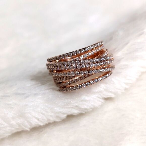 NWOT Cubic Zirconia Multi Layer Row Rose Gold Rhodium over .925 Sterling Ring - Picture 4 of 12